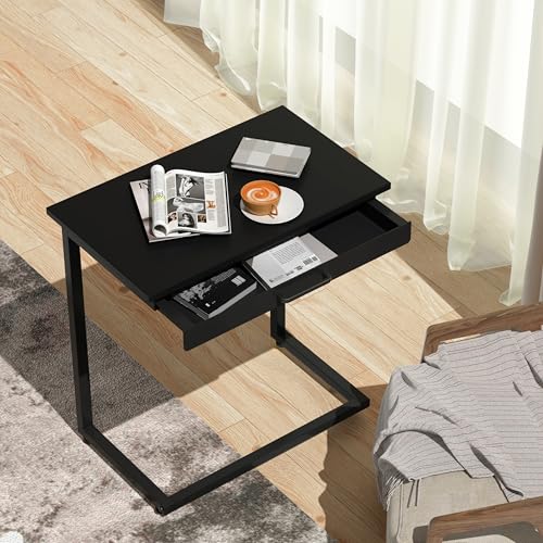 C Shaped End Table,Small Couch Side Table with Drawer,for Living Room, Bedroom Magazines, Computers, Coffee, Small Objects Storage.Black - color: Black