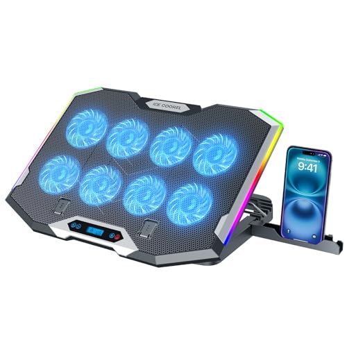 Gaming Laptop Cooling Pad with 8 Cooling Fans, Laptop Fan Cooler Pad for 15-17.3 Inch, Notebook Cooler Stand with 6 Height Adjustable, RGB Cooling Pad with Two USB Port + Phone Stand - size: 8 Fans