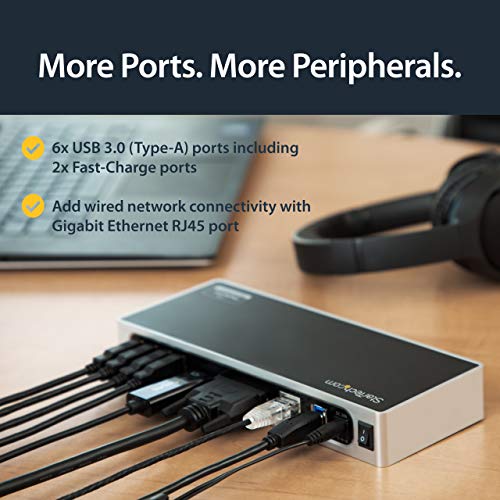 StarTech USB-A Dual Monitor Dock, HDMI & DVI/VGA, 6-Port USB, GbE, Audio | Windows and Mac, Mixed fleets, Six 5Gbps USB-A ports, Two BC 1.2 always-on fast-charge, 1m (3.3ft) host cable - size: Dual Monitor, style: HDMI | DVI/ VGA | 6 x USB 3.1