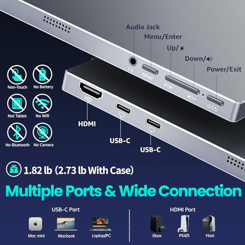 Upperizon Portable Monitor 15.6 inch FHD 85% sRGB 60Hz HDR HDMI USB-C Travel Monitor for Laptop MacBook PC Surface PS5 Xbox, External Display with Cover & Speakers, VESA Compatible - size: 15.6 inch