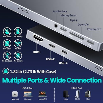 Upperizon Portable Monitor 15.6 inch FHD 85% sRGB 60Hz HDR HDMI USB-C Travel Monitor for Laptop MacBook PC Surface PS5 Xbox, External Display with Cover & Speakers, VESA Compatible - size: 15.6 inch