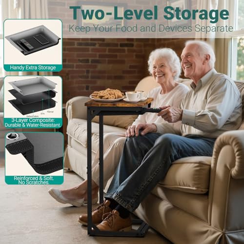YEASHEIN C Shaped End Table Set of 2 with Cubby, Reinforced Base Small Couch Tables That Slide Under, 27”H C Table for Sofa, TV Tray Table for Eating, Couch Side Table for Small Spaces, Living Room