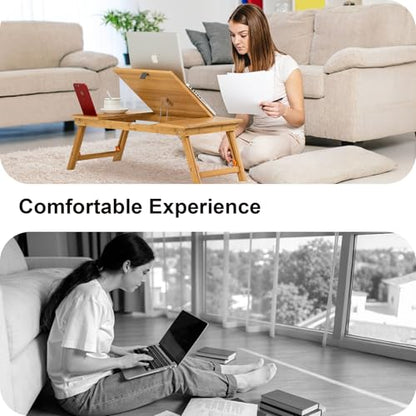 Laptop Desk Nnewvante Bamboo Lap Desk, Adjustable Bed Tray, Large Size | 7 Tilting Top Angles, 4 Heights, Drawer & Phone Slot, Foldable Serving Tray Breakfast Table 27.95" x 13.8" - color: Bamboo