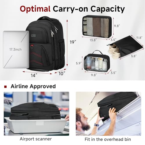 Vessgra Backpack for Men 45L Rolling Backpack, 17.3 Inch Travel Backpack, 4-Wheel Spinner Design Laptop Backpack for Men Work Business,Black (1Pc Black Backpack with 3 Packing Cubes)