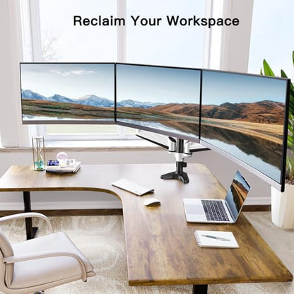 HUANUO Triple Monitor Stand - Full Motion Articulating Monitor Mount Fit Three 17 to 32 inch LCD Computer Screens with Clamp, Grommet Kit - color: White