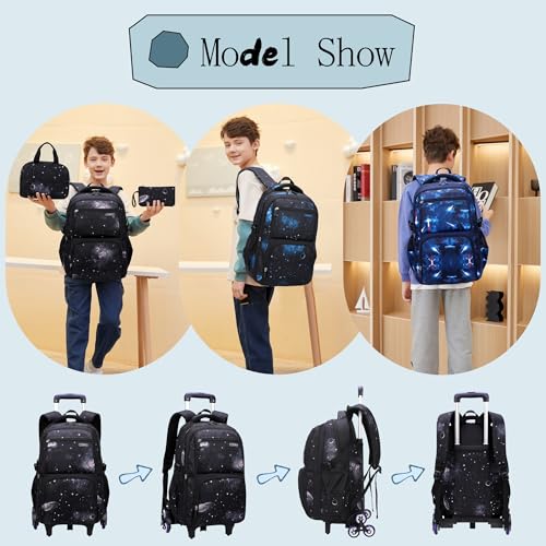 3Pcs Galaxy Boys Rolling Backpack Set with Lunch Bag, Galaxy Print Kids Backpack for Boys with Wheels - color: 3pcs-galaxy-black