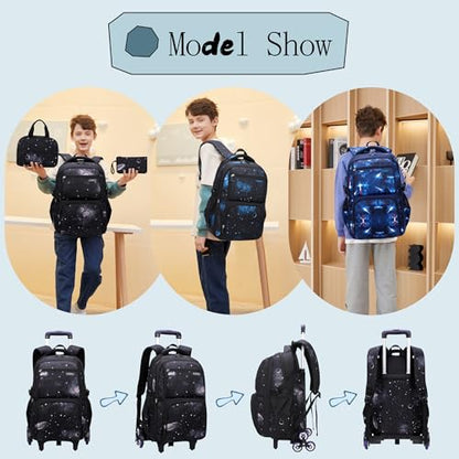 3Pcs Galaxy Boys Rolling Backpack Set with Lunch Bag, Galaxy Print Kids Backpack for Boys with Wheels - color: 3pcs-galaxy-black+blue