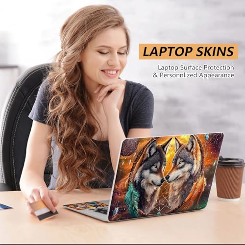 Laptop Skin Sticker for 12.1”-15.6“ Laptops (Fits 13”, 13.3”, 14”, 15”, 15.4”) | Protective Universal Reusable Vinyl Art Decal Cover | Waterproof & Scratch-Resistant-2 Wolves in Dream cathcer - color: 2 wolves in dream cathcer