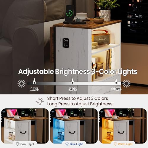 Lareth Rolling Side Table with Wheels, Led Lights & Charging Station | Foldable Desktop Narrow End Table, 1 Drawer, 2 Bookshleves, 27.56"H Tall Nightstan, Small Space, Living Room, Antique White - color: B Antique White