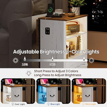 Lareth Rolling Side Table with Wheels, Led Lights & Charging Station | Foldable Desktop Narrow End Table, 1 Drawer, 2 Bookshleves, 27.56"H Tall Nightstan, Small Space, Living Room, Antique White - color: B Antique White