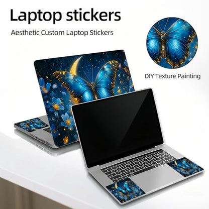 Universal Laptop Skin Sticker Decal, 12"-15.6" Aesthetic Vinyl Wrap, Blue Butterfly Moon Waterproof Notebook Cover Art Protector for MacBook HP Dell Lenovo, Fits 13" 14" 15" 15.6" - color: Blue Butterfly Moon
