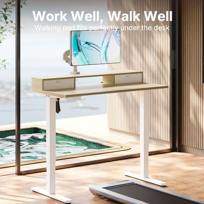 HUANUO 47.2" X 23.6" Electric Standing Desk with 2 Drawers, C-Clamp Mount Compatible, Height Adjustable Computer Desk, Home Office Stand Up Desk with 4 Preset Heights & 2 Hooks, Light Walnut - color: Light Walnut, size: 47.2" X 23.6"