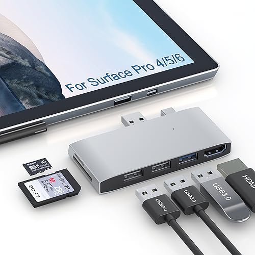 USB 3.0 Surface Pro 6/Pro 5/Pro 4 USB Hub Docking Station 4K HDMI Hub Adapter, SD & TF/Micro SD Memory Card Reader, 4K@30Hz HDMI Port Converter Accessories for Surface Pro 6/5/4