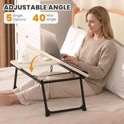 Laptop Bed Desk, 5-Angle Adjustable Bed Laptop Table with Cup Holder | Foldable Laptop Stand for Couch & Sofa, Portable Laptop Tray for Adults Writing Reading Eating, Beige - color: Beige