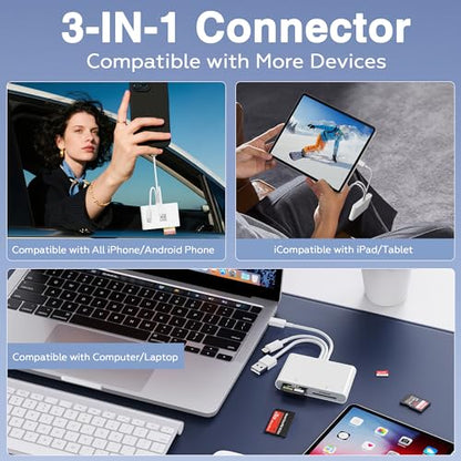 Memory Stick Pro Duo Adapter - 4-in-1 USB C/Lightning/USB-A to SD/TF/MS/XD Card Reader, High-Speed Photo Video Transfer from Camera to iPhone/Tablet/Computer