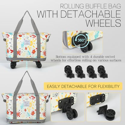VOOWO Rolling Duffel Bag with Wheels - Foldable Expandable Duffle Bag with Wheels for Travel, Rolling Luggage Bag Carry On Bag with Wheel, Large Rolling Backpack Weekend Bag for Men Women (Flower) - color: Flower