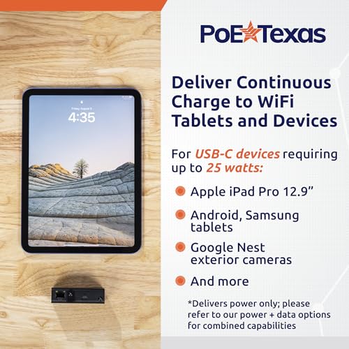 PoE Texas PoE+ to USB-C Splitter - PoE+ Splitter USB-C 25W Power Delivery for iPad, Tablet, Google Nest Cam - Convert PoE to 5V, 9V, 12V, 15V or 20V - size: 25w Power Only