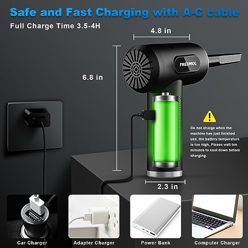 FRESMOL Compressed Air Duster, Rechargeable Cordless Electric Air Blower | 3-Gear Adjustable, 100000RPM, Smart LED Display, LED Light, Keyboard, PC, Car, Home Cleaning, Replaces Canned Air, Black