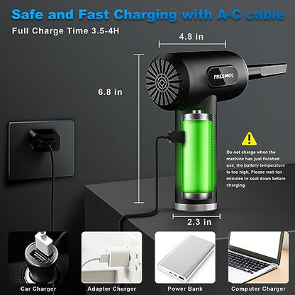 FRESMOL Compressed Air Duster, Rechargeable Cordless Electric Air Blower | 3-Gear Adjustable, 100000RPM, Smart LED Display, LED Light, Keyboard, PC, Car, Home Cleaning, Replaces Canned Air, Black