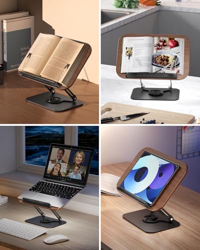 Viozon Book Stand for Reading,Book Holder, Height&Angle Adjustable, 360° Rotating Base, Foldable and Portable, Lightweight for Office, Kitchen, School Textbook, Recipe, Magazine,Kindle,Tablet DW - color: Dark Wood
