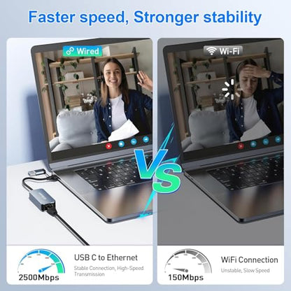 USB C to Ethernet Adapter 2.5Gbps, 2-in-1 USB 3.0 & USB-C to RJ45 Network Adapter, 2500Mbps Gigabit LAN Converter with Aluminum Shell, Plug and Play for NAS, MacBook Pro/Air, XPS/Windows/Mac OS/Linux