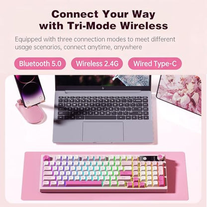 HP K500F Mechanical Gaming Keyboard, 75% Layout with RGB Backlit, Light Sound, Bluetooth/2.4GHz/USB-C Compatible with Windows/Mac/PC - Pink