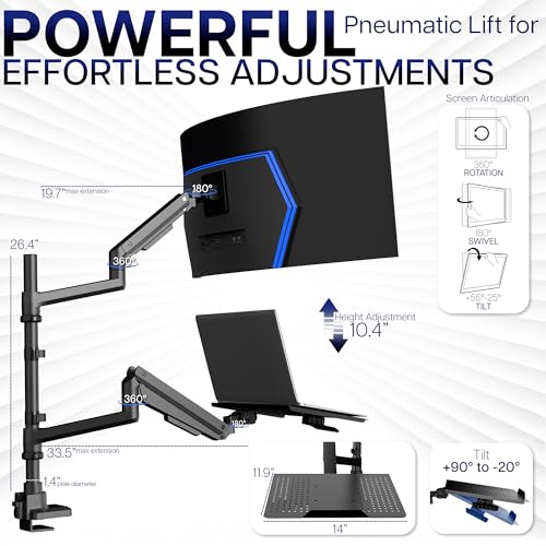 VIVO Pneumatic Arm Ultrawide Monitor Extra Tall Desk Mount for Up to 49 inch Screens and Laptop Tray for Up to 17 inch Notebooks, Holds Ultra-Wides Up to 44 lbs, Black, STAND-V120K-L