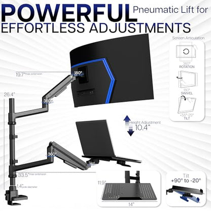 VIVO Pneumatic Arm Ultrawide Monitor Extra Tall Desk Mount for Up to 49 inch Screens and Laptop Tray for Up to 17 inch Notebooks, Holds Ultra-Wides Up to 44 lbs, Black, STAND-V120K-L