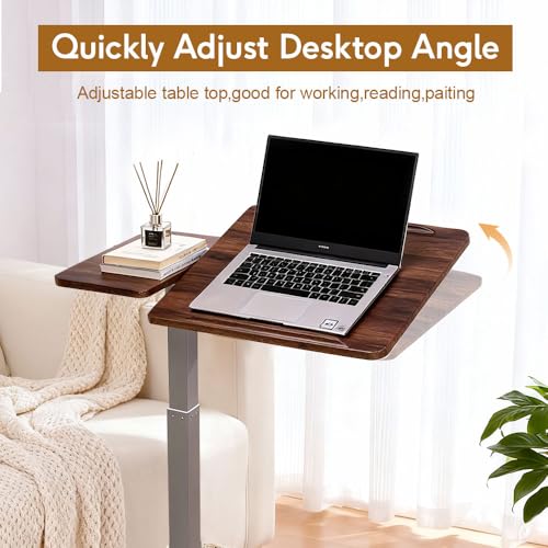 Pneumatic Overbed Table with Wheels, Height Adjustable Bedside Table with Ultra-Low Base for Hospital & Home, Rolling Laptop Cart with Walnut Finish - color: Walnut