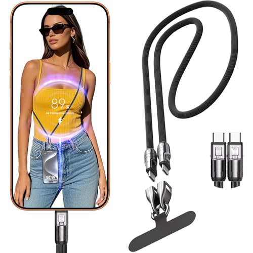 Phone Lanyard Charging Cable Type C–Crossbody Black | Crossbody USB C Cable with Tab, PD 240W USB C to USB C Cables for Cell Phone and All USB-C Devices - color: Black