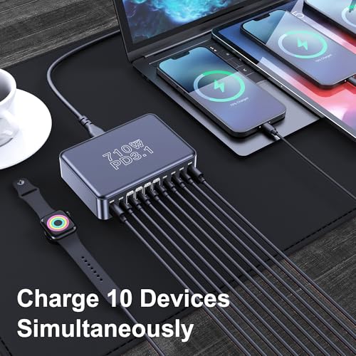 CHIPOFY 710W USB C Charging Station | 10-Port PD3.1 140W GaN Charger Block for MacBook Laptop, iPad, iPhone 17/16, Galaxy S25/S24 and More