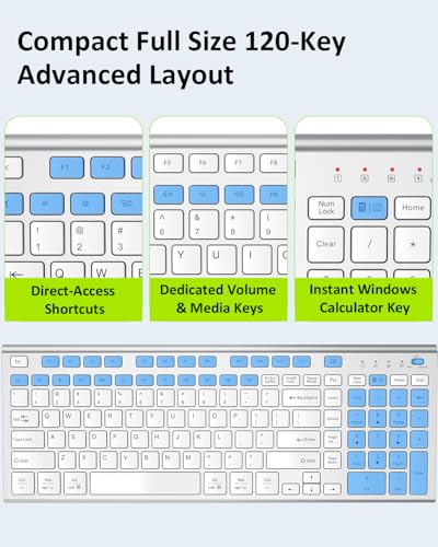 FENIFOX Wireless Silent Keyboard, Ultra Quiet USB C Low Profile Compact Full Size with Number Pad Flat Slim Thin Soft Touch for Mac Computer MacBook iMac PC Laptop Desktop Office (White and Silver) - color: White and Silver