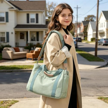 JARKJARD Canvas Crossbody Tote Bag for Women Laptop Work Handbag | Cute Aesthetic Shoulder Messenger Purse with Zipper Pockets and Compartments Great for Daily Travel and Office use - color: Green