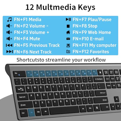 2.4G Slim Silent Wireless Full Size Keyboard Iron Grey | Ultra-thin scissor switch, num keypad & calculator key, quiet typing, 2.4G wireless for Windows, Mac, PC & laptop