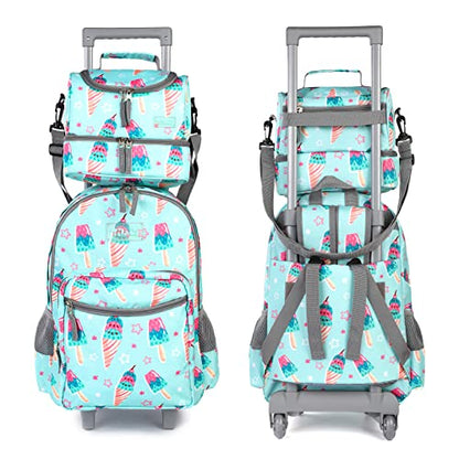 Tilami Rolling Backpack 18 inch Double Handle with Lunch Bag Wheeled Kids Backpack for Girls and Boys, Icecream Green - color: Icecream Green