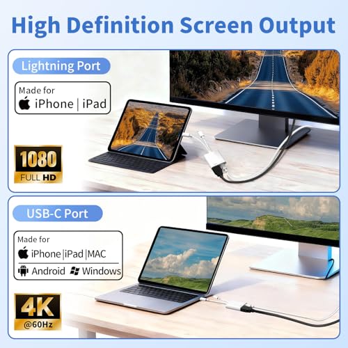 USB-C and Lightning to HDMI Adapter for iPhone ipad to TV [MFi Certified], 4K@60Hz Sync Screen Apple Lightning to Digital AV Adapter with 100W Charging Port for iPhone 17/16/15/iPad/MacBook to HDTV