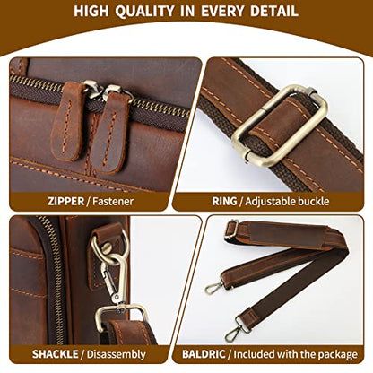Jack&Chris Full Grain Leather Briefcase for Men, Business Messenger Bag Laptop Bag Attache Case, Fits 15.6 Inch Laptop - color: Red Brow-15.6inch