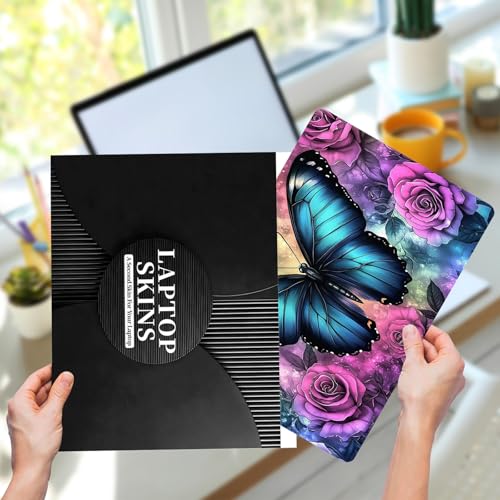 12.1”-15.6” Laptop Skin Sticker (Fits 13”, 13.3”, 14”, 15”, 15.4”) | Reusable Universal Protective Vinyl Art Decal Cover | Waterproof & Scratch-Resistant |Blue Butterfly Purple Rose Flower - color: Blue Butterfly Purple Rose Flower