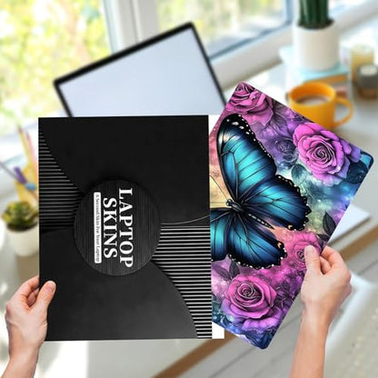 12.1”-15.6” Laptop Skin Sticker (Fits 13”, 13.3”, 14”, 15”, 15.4”) | Reusable Universal Protective Vinyl Art Decal Cover | Waterproof & Scratch-Resistant |Blue Butterfly Purple Rose Flower - color: Blue Butterfly Purple Rose Flower