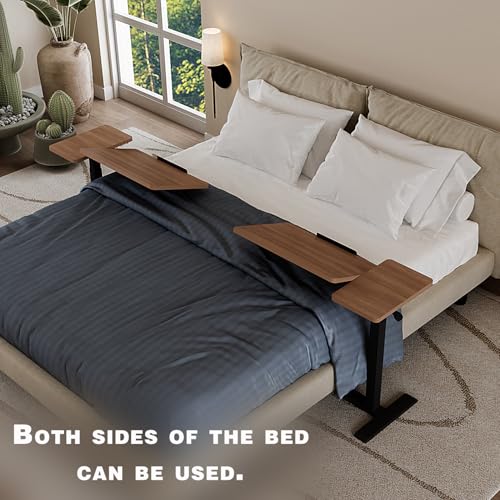 Adjustable Overbed Bedside Table with Wheels Pneumatic Mobile Standing Laptop Desk Rolling Computer Cart Movable Couch Desk Hospital Home Use, Walnut - color: Walnut