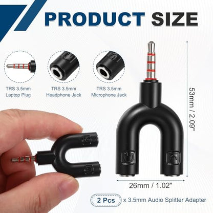 MECCANIXITY 2Pcs Headset Mic Splitter Adapter, 3.5mm Male to Dual Female Y Splitter Microphone and Audio Jack Adapters for PC Laptop Smartphone, Black - color: Black