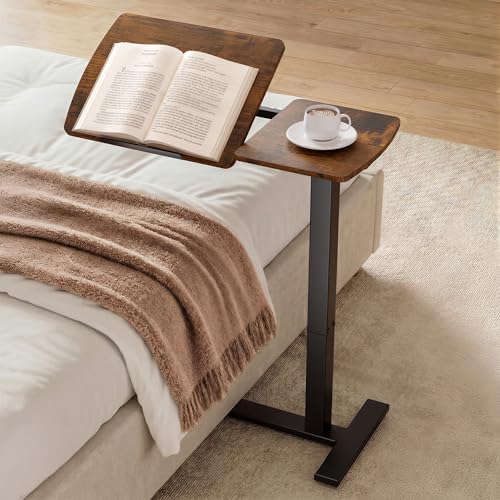 Sakugi Overbed Bedside Table with Wheels, Right-Side Tilt Top, Laptop Desk | Home & Office, Hospital Bed Table, Rolling Bed Tray, Height Adjustable, Brown,12.9" D × 27.6" W × 29.1"–39" H - color: Brown