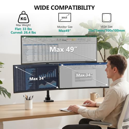 WALI Stacked Triple Monitor Mount for 49" UItrawides and Dual 34" Monitors | Heavy Duty 3 Monitor Arm up to 33 lbs, Full Motion with Tilt, Swivel, Rotation, C-Clamp & Grommet Base, VESA 75/100mm, Black - color: Black (Triple), size: 17" to 49"