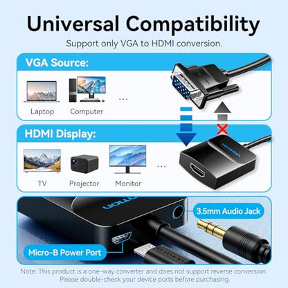 VENTION VGA to HDMI Adapter 0.5FT, Uni-Directional VGA(Source) to HDMI(Display) Converter (Male to Female) 1080@60Hz with Audio Cable and Micro USB Cable from PC, Monitor - color: 0.5FT