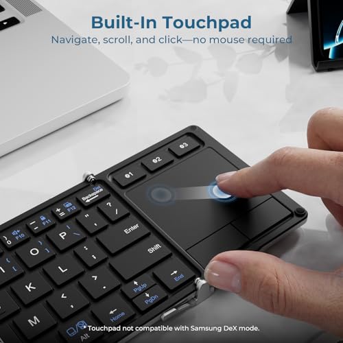 iClever Foldable Keyboard, BK08 Foldable Bluetooth Keyboard with Touchpad, Aluminum Build, USB-C Charge, Equipped with Stand Holder and Carrying Bag, Portable for Laptop, iPad, iPhone, Silver | Multi-Touch Trackpad, Pocket-Sized, Aluminum Build, 3-Device