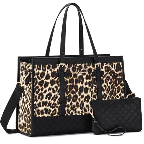 LOVEVOOK Laptop Bag for Women, 15.6 Inch Computer Tote Bags Purse for Work | Canvas, with Long Shoulder Strap&Clutch Purse, Handbag, Casual Stylish Tote Bag for Work Office Travel College Teacher School - color: Leopard, size: 15.6 inch