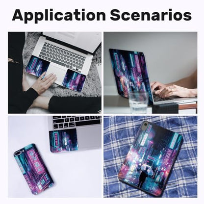 3Pcs Cyberpunk Laptop Skin Sticker Seoul Neon Sign Street Universal Removable Vinyl Stickers Fits for 12.1 13 14 15.6 16 Inch Waterproof Notebook Decal Cover Gift - color: purple and black