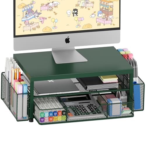 OPNICE Desk Organizer and Accessories, 2-Tier Computer Monitor Stand Riser with Drawer and 2 Pen Holders, Laptop Stand, Office Desk Accessories for Office Supplies, 1 Pack, Dark Green - color: Dark Green 1-Pack, size: Single