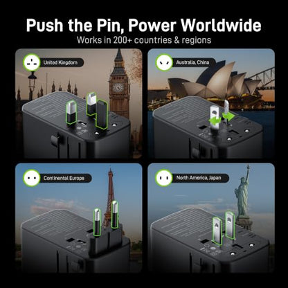 Epicka Pulse Duo 140W GoStand Universal Travel Adapter, 2AC/2USB-C/2USB-A | International Power Adapter with Desktop Stand & Smart Display, 3.28ft Cable , PD 3.1/PPS Fast Charging for MacBook/iPhone - style: Pulse Duo 140W with Desktop Stand