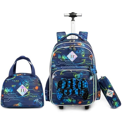 Kids Rolling Gamepad Backpack for Boys Luggage Suitcase With Wheels Trolley Wheeled POP Roller Backpacks for Elementary Travel School Bags 17" 3PCS Toy Backpack With Lunch Box Blue - color: 041123-yoxishoubing